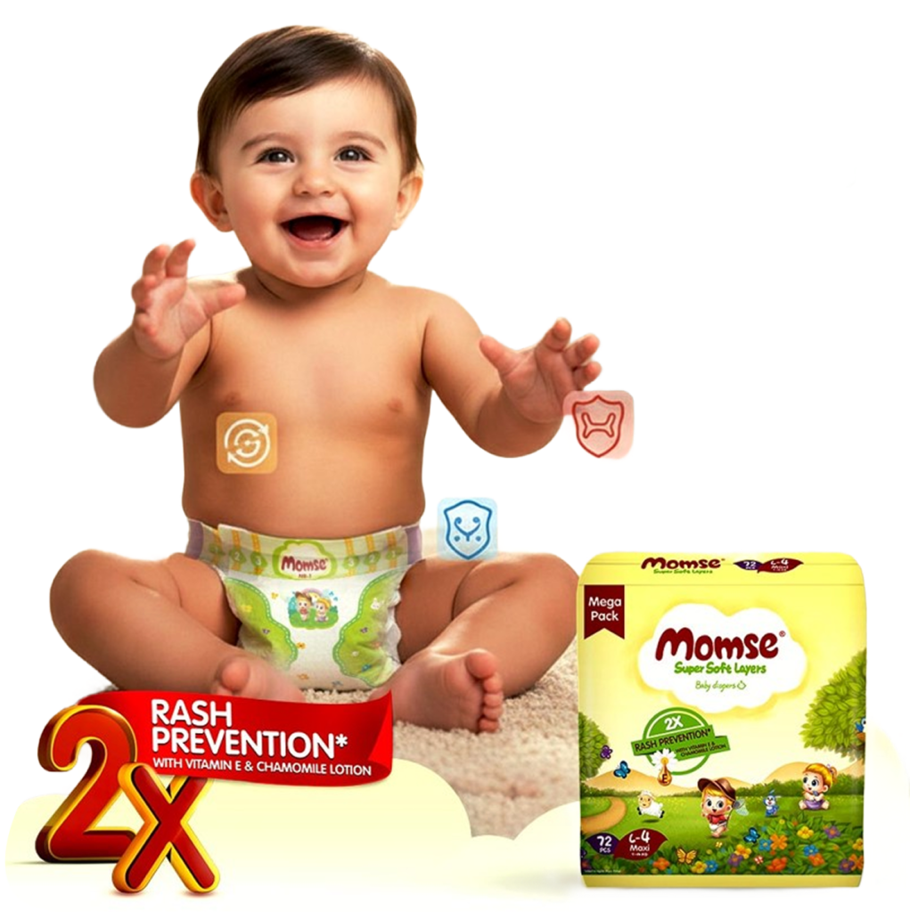 Happy baby wearing Momse diaper - soft and comfortable