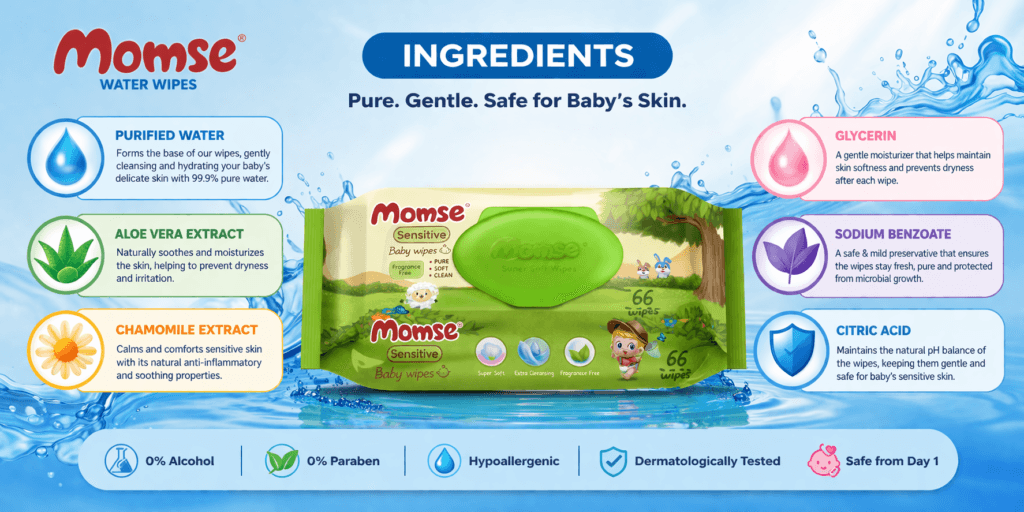 Momse water wipes 99.9% pure water ingredients